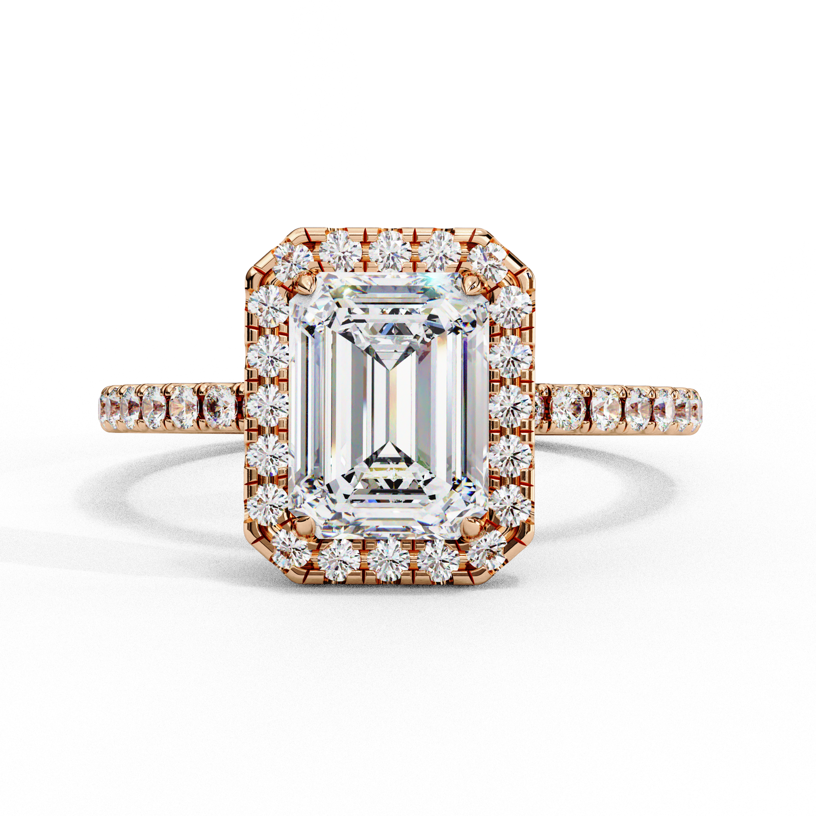 Emerald Cut Diamond Engagement Ring with Halo and Pave Band