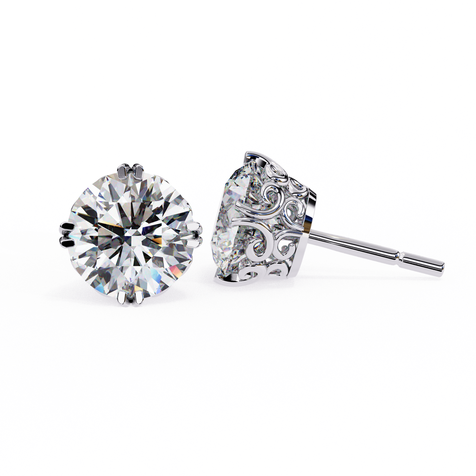 Ornate Round Diamond Stud Earrings with Filigree Setting